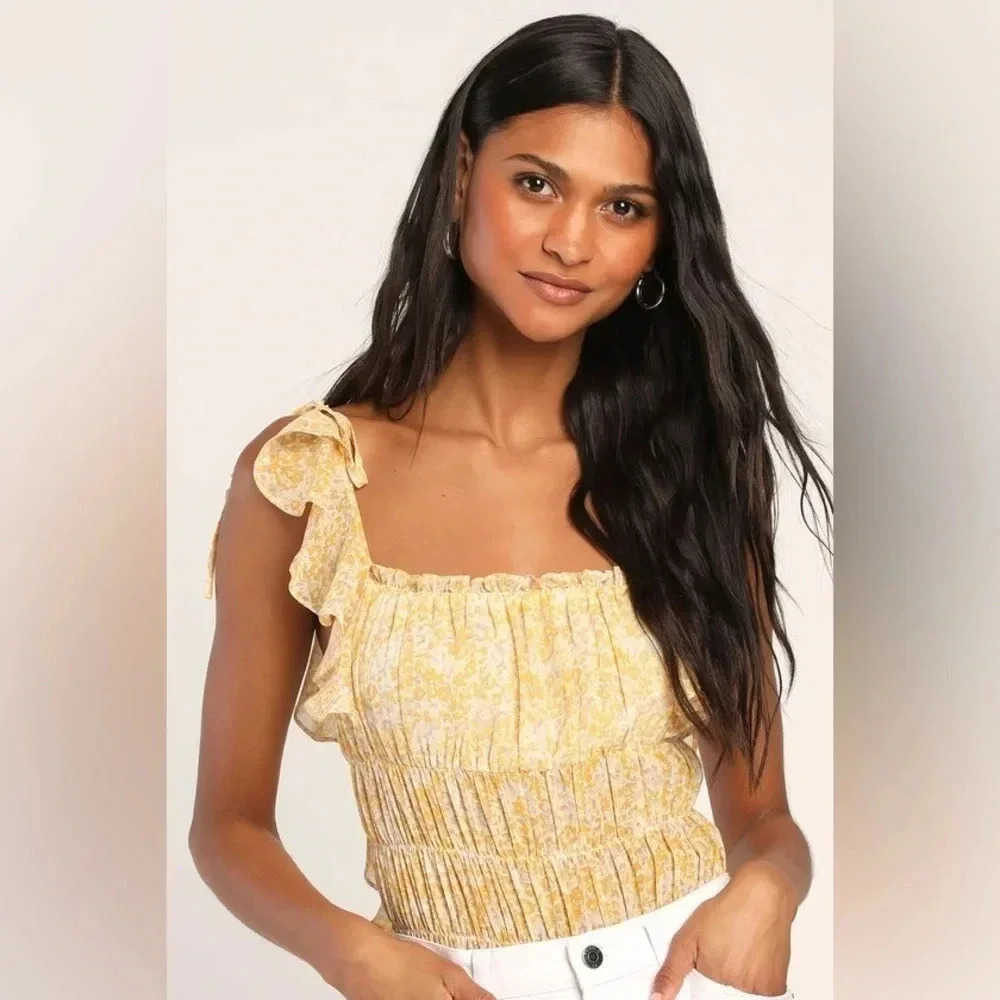 Lulus Sweetest Frills Yellow Print Tie-Strap
Smocked Bodysuit
